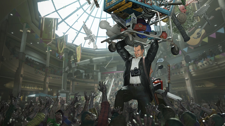 Frank West hoists a shopping cart full of weapons above a horde of zombies in a mall on the cover for Dead Rising Deluxe Remaster