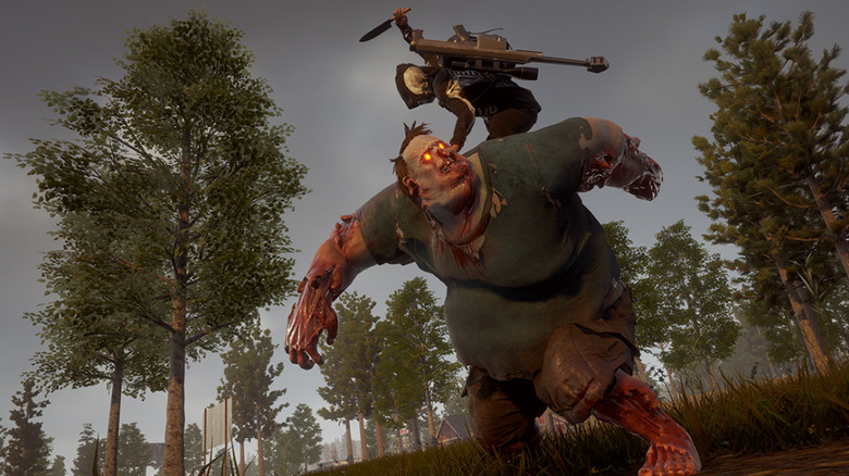 A player character climbs on a large zombie's back and prepares to stab him in State of Decay 2