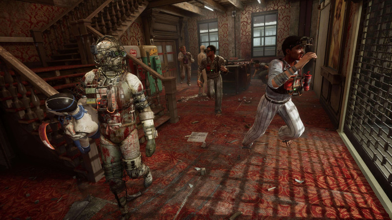 Characters run by a masked maniac in The Outlast Trials