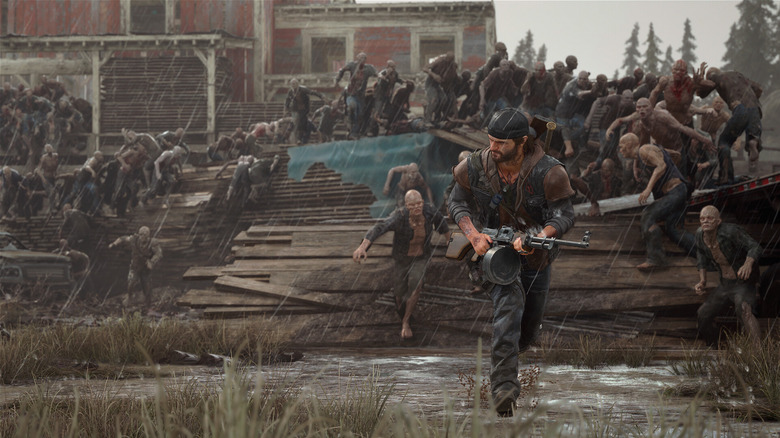 Deacon St. John runs in the rain being chased by a horde of Freakers in Days Gone