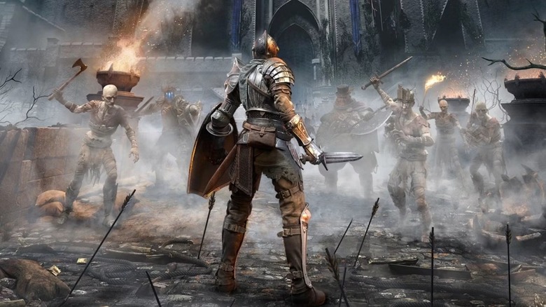 A knight faces an incoming army alone on the cover art for Demon's Souls (2020)
