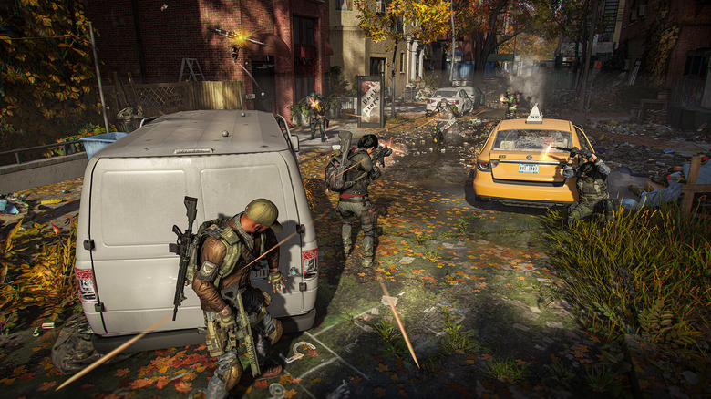 A squad takes cover behind abandoned vehicles in an overgrown street while under fire in Tom Clancy's The Division 2