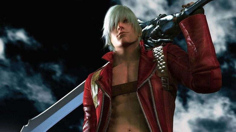 Dante smirks while holding a sword on the cover art for Devil May Cry 3: Dante's Awakening