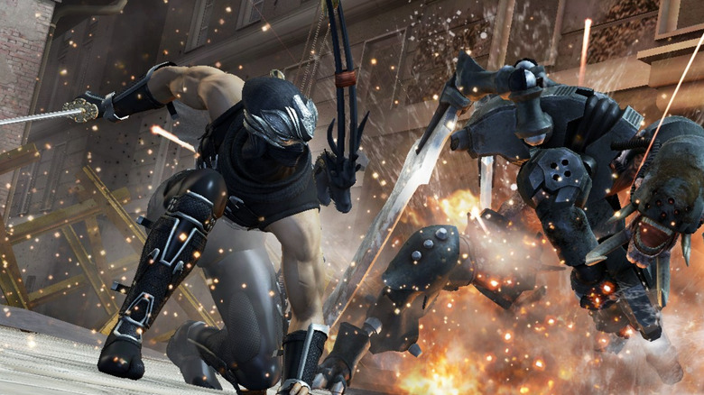 Ryu Hayabusa slashes an exploding cybernetic monster in Ninja Gaiden: Master Collection