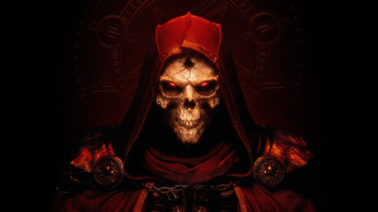 A skeleton glares with glowing eyes on the cover art for Diablo II: Resurrected