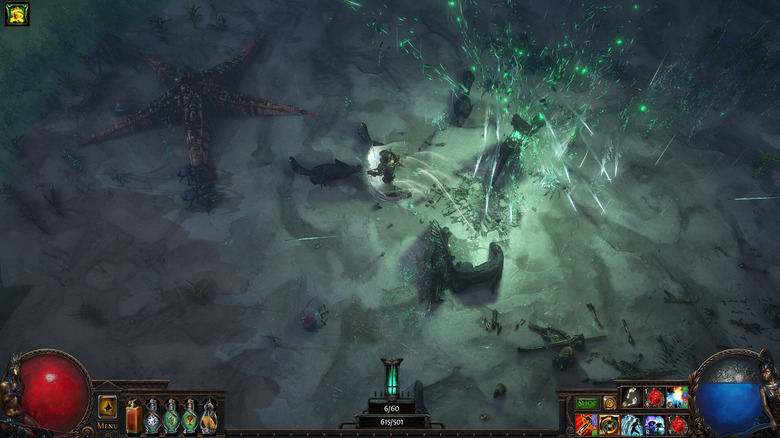 The player character casts a spell in a barren desert in Path of Exile