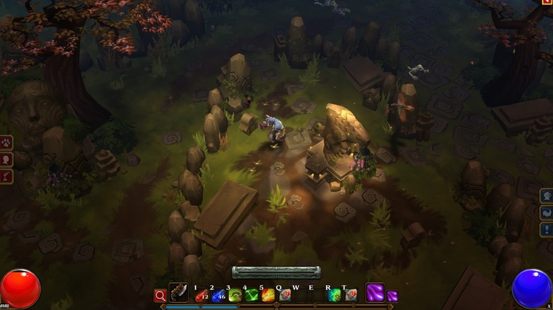 The player character walks around a stone statue in Torchlight II