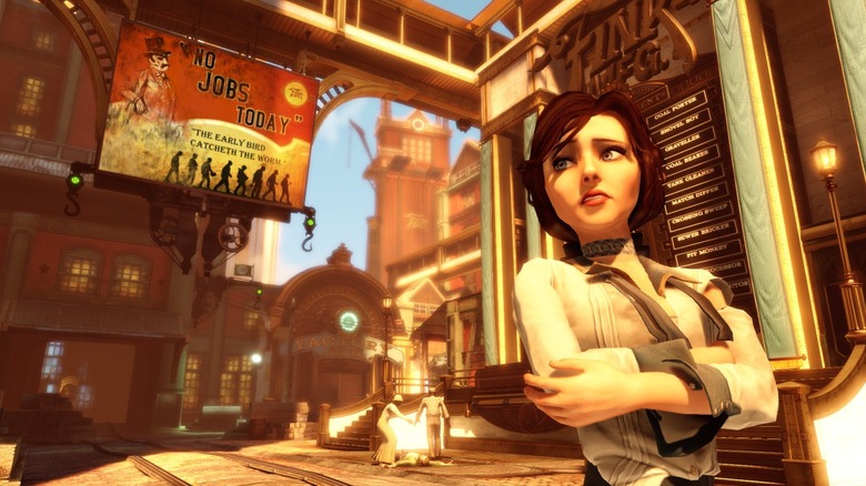 Elizabeth standing in front of a billboard in BioShock Infinite