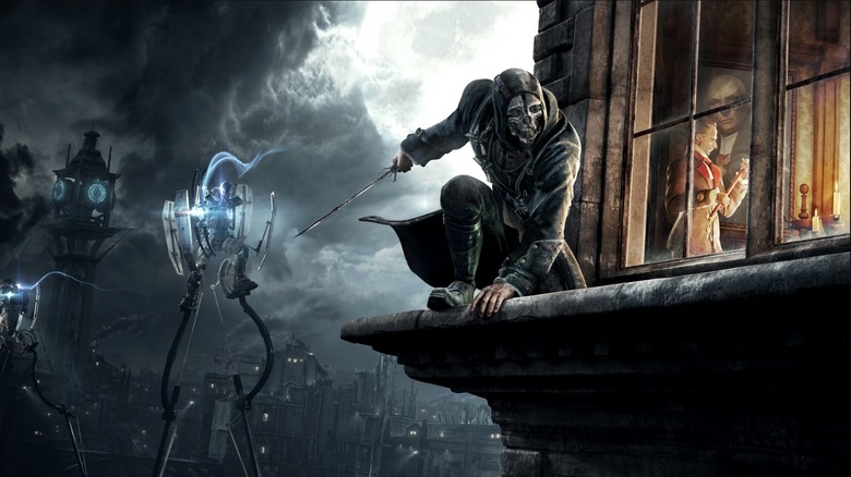 The Dishonored character Corvo Attano hiding on a roof outside of a window