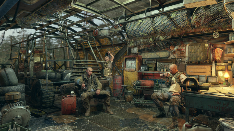 Metro Exodus NPCs sitting around a rusty steel hideout