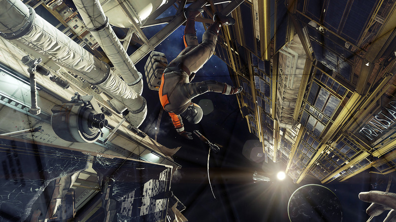 A Prey player floating around in space around the station