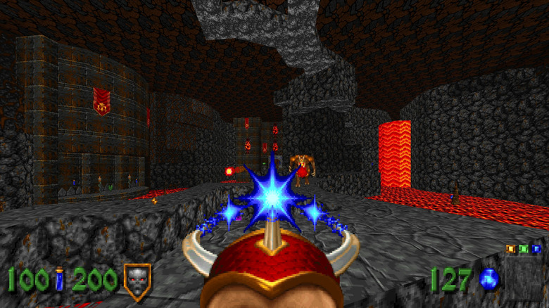 Corvus fires a magical weapon at a demon in Heretic