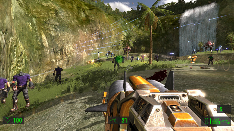 Serious Sam Stone aims a futuristic weapon at enemies in Serious Sam: The First Encounter