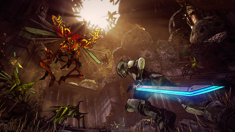 Zero the assassin attacking a large bug with a blue sword