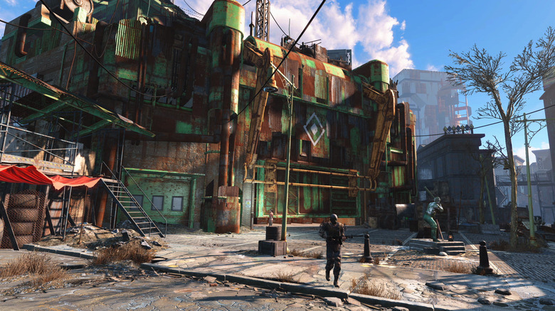 The rusty front of Diamond City in Fallout 4