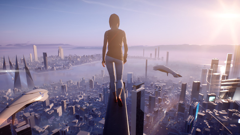 Faith standing over the city heights in Mirror's Edge Catalyst