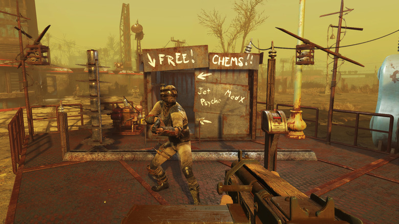 The survivor and a raider point guns at each other in "Fallout 4" (2015)