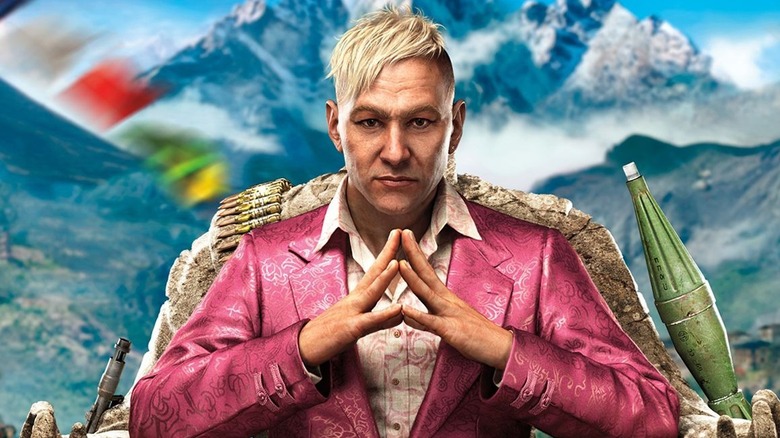 Pagan Min sits contemplatively on the cover art for "Far Cry 4" (2014)