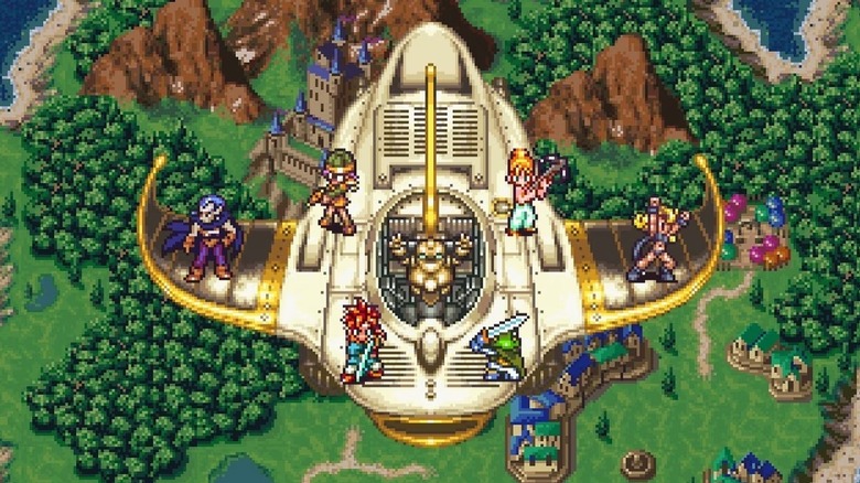 Crono and his friends ride on the Epoch over a forested kingdom in Chrono Trigger
