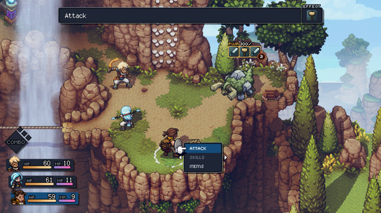 The party battles a monster on a rocky cliff in Sea of Stars