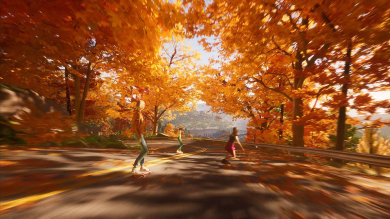 Three teenagers skateboard down a road through autumn trees in Mixtape