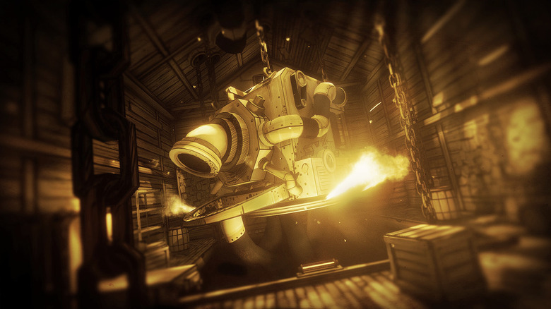 A fire burns under a large machine in Bendy and the Ink Machine