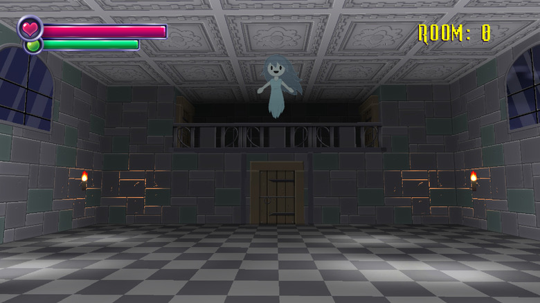 Spooky hovers at the top of a room in Spooky's Jump Scare Mansion