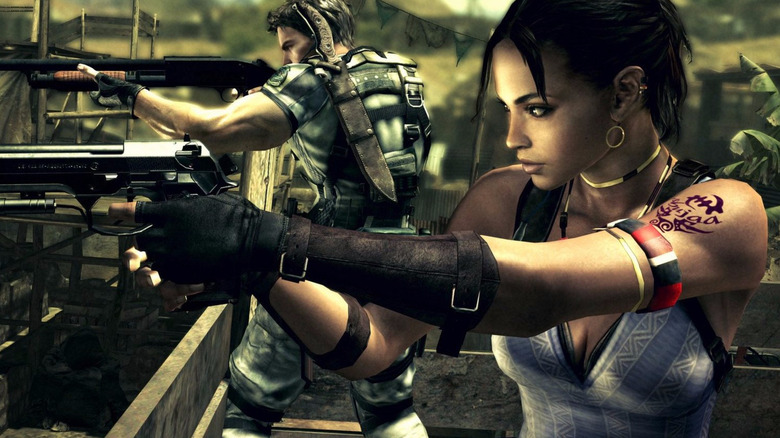 Chris Redfield and Sheva Alomar aim their guns in Resident Evil 5