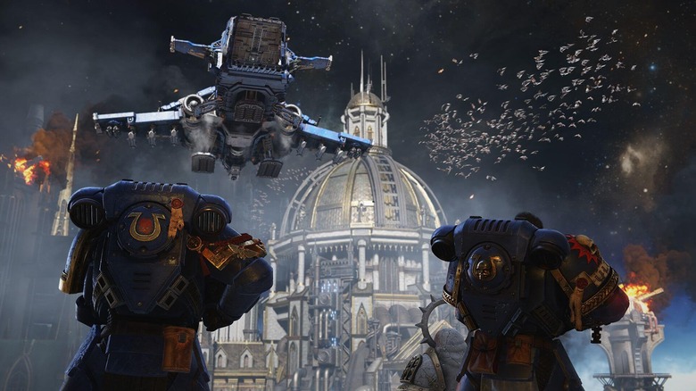 Ultramarines watch a dropship approach in Warhammer 40,000: Space Marine 2