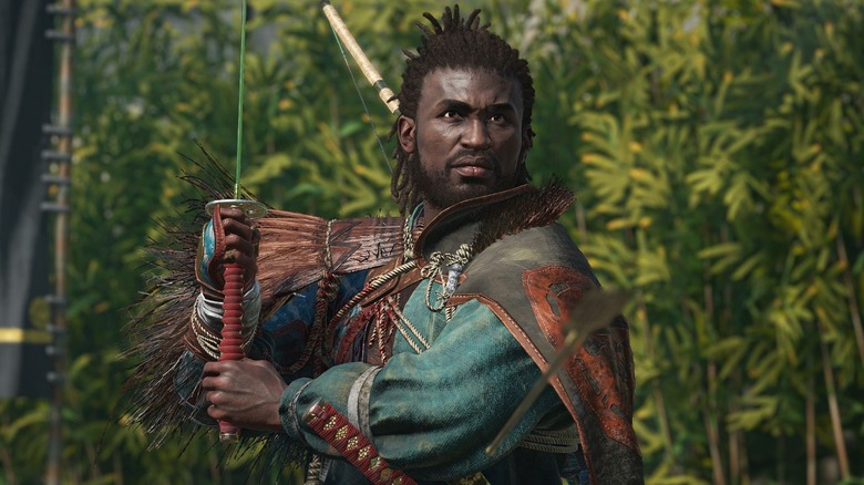 Yasuke holds up his sword by a bamboo forest in "Assassin's Creed Shadows" (2025)