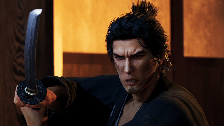 Sakamoto Ryōma glares while holding up a samurai sword in "Like a Dragon: Ishin!" (2014)