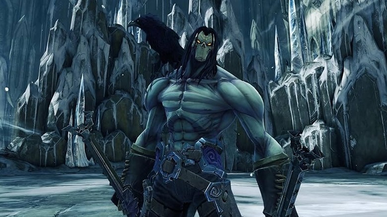 Death stands in an icy domain with a crow on his shoulder in "Darksiders II" (2012)