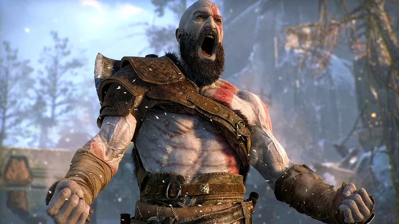 Kratos roars in a snowy village in "God of War: Ragnarok" (2022)