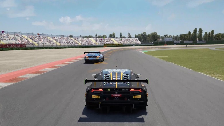 Two GT cars in the middle of a race in Assetto Corsa Competizione