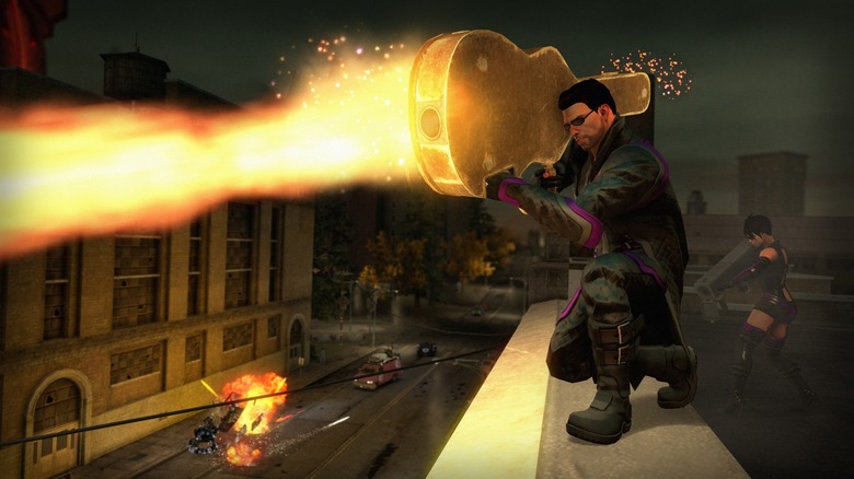 The Boss fires a blast from a guitar case in "Saints Row IV" (2013)