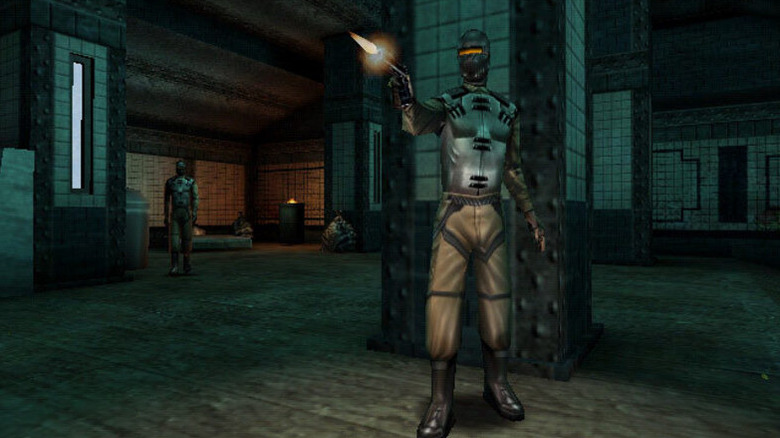 An armored soldier fires a pistol in Deus Ex