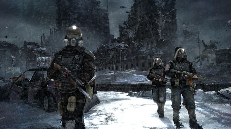 Soldiers wearing gas masks in the snow in Metro 2033