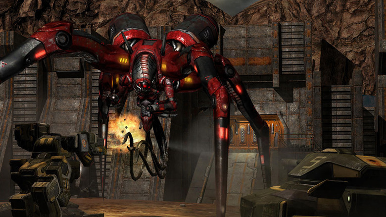 Tanks approach a large robotic spider in Quake 4
