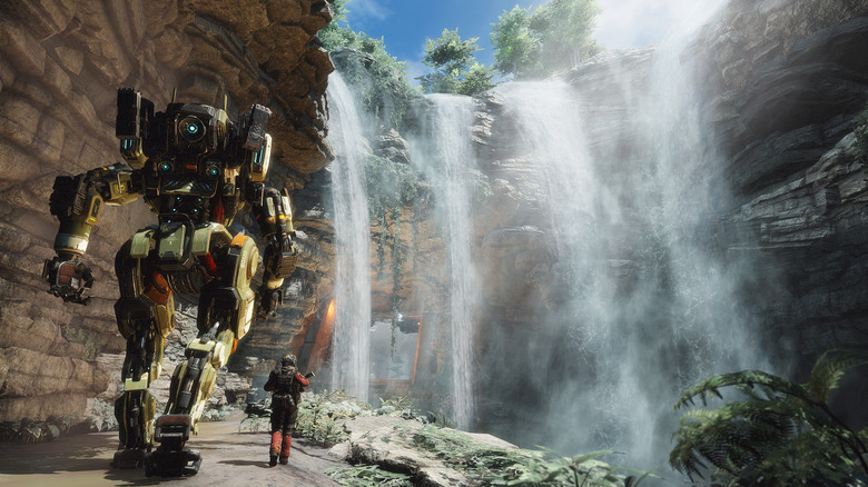 A soldier and Titan walk together towards waterfalls in Titanfall 2