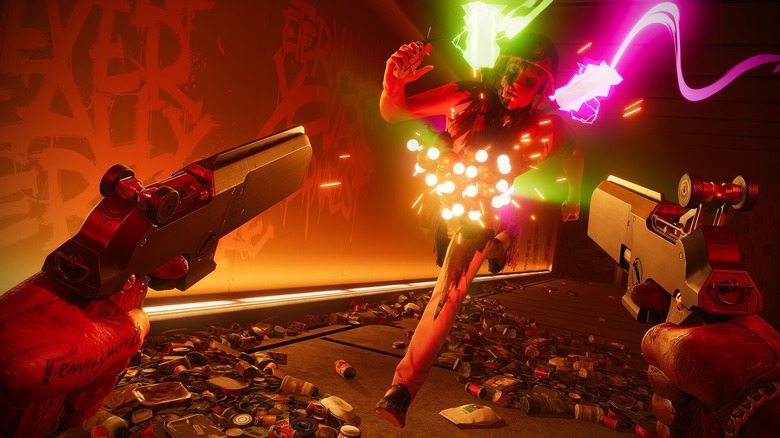 Colt aiming two pistols at enemy in "Deathloop" (2021)