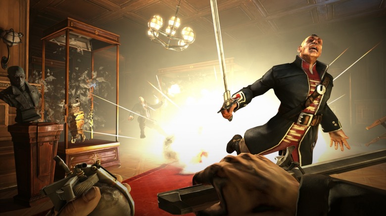 Corvo throwing grenade at enemies in "Dishonored" (2012)