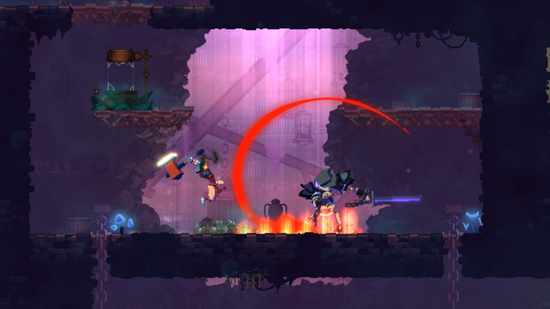 The Prisoner swings an axe at a swordsman in Dead Cells