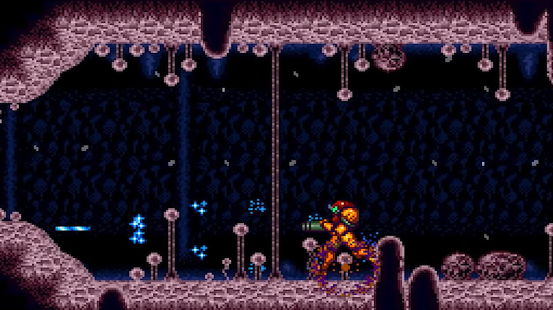 Samus Aran runs through a tunnel in Super Metroid