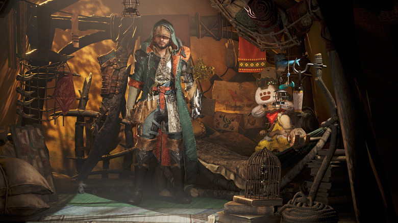 The Hunter stands in a tent in Monster Hunter Wilds