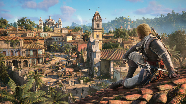 Edward Kenway surveys a Caribbean town from a rooftop in Assassin's Creed Black Flag Resynced