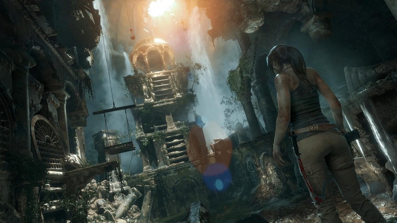 Lara Croft enters an underground lair in Rise of the Tomb Raider