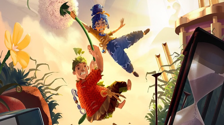 Cody and May cling to a dandelion floating in the wind on the cover art for It Takes Two