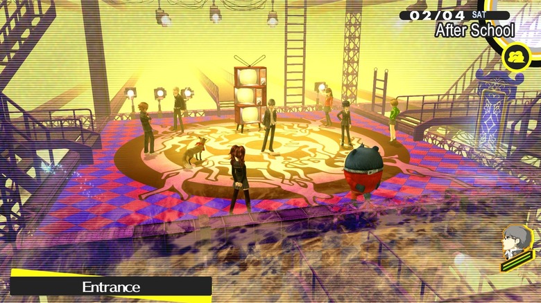 Characters standing in TV world entrance in Persona 4 Golden