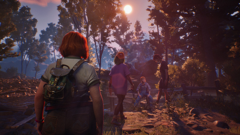 Four teenage girls gather by a broken fence in a forest in Lost Records: Bloom & Rage