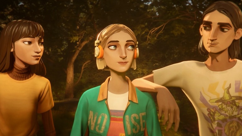 Three friends glance at each other in a forest in Mixtape